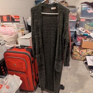 Kaisely Fuzzy Long Open-Front Cardigan - Dark Olive